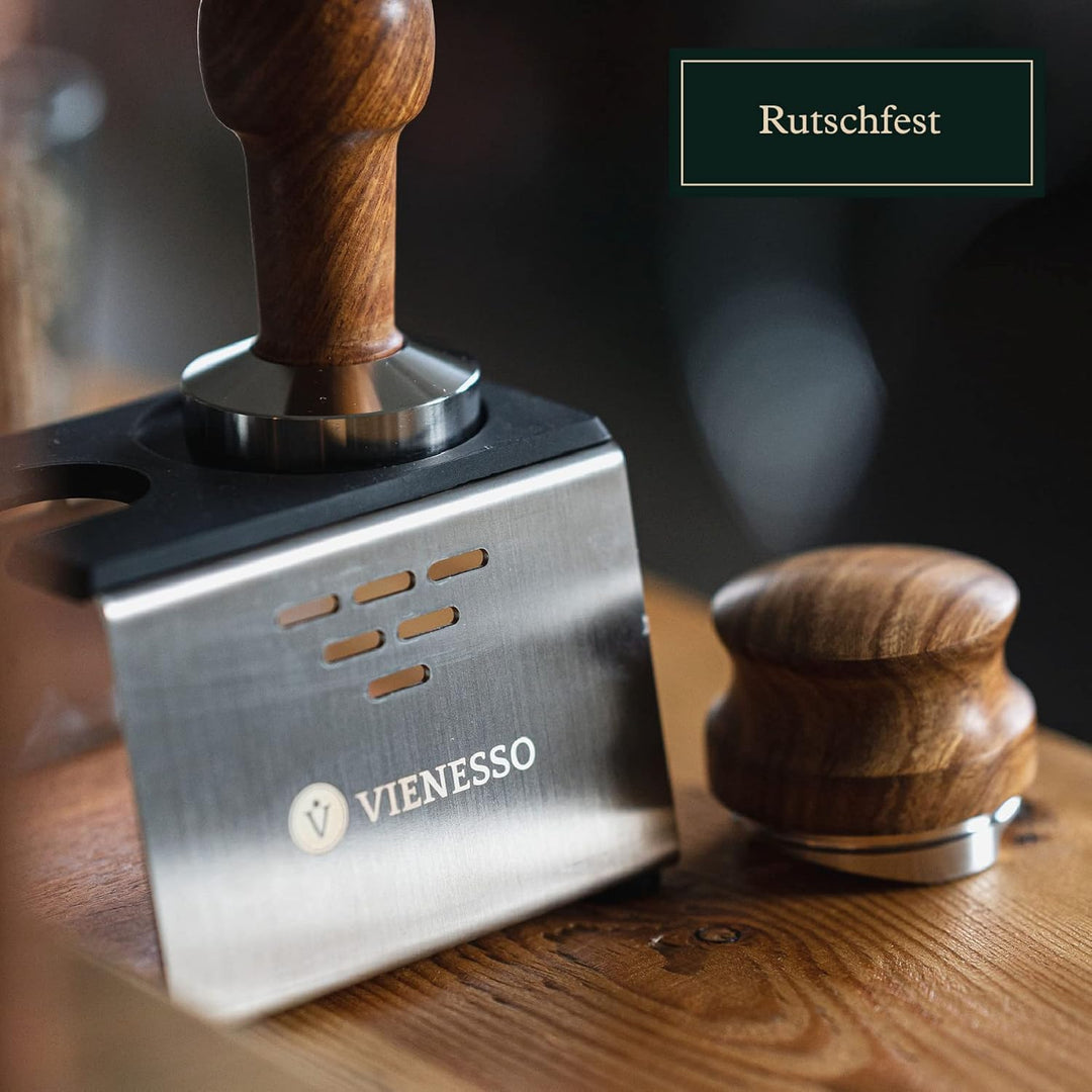 Tamperstation aus Edelstahl &amp; Holz bis 58mm – Rutschfeste Andrückstation für Siebträger | Barista Zu