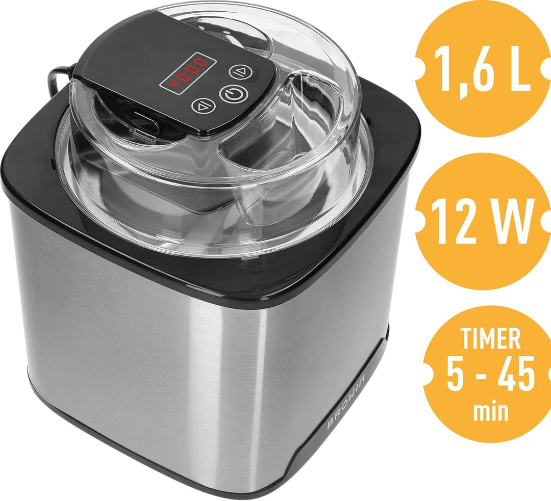 BROWIN® Eismaschine für Eiscreme, Sorbets & gefrorenen Joghurt, 1,5L Kapazität, LED-Display, einfach