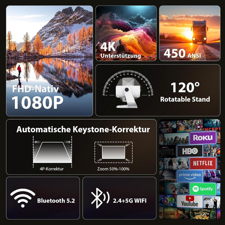 Wielio 2025 Neuer Upgraded Full HD 1080P Beamer, 20000 Lumens, 4K Unterstützung, Android 11, WiFi 6＆