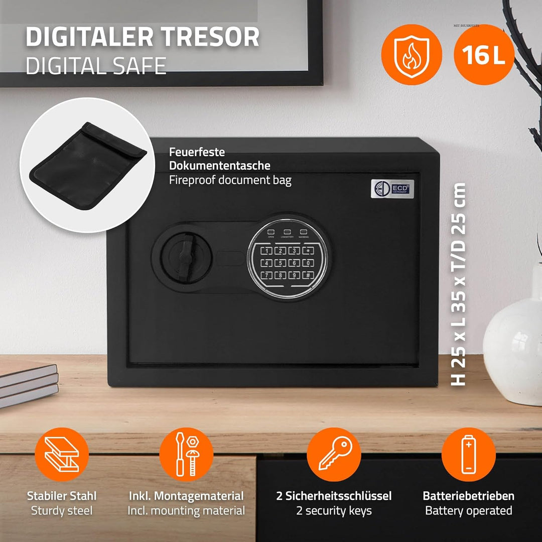 Safe Tresor 16L 35x25x25cm, stabiler Stahl, Wandtresor mit Sensorlicht & Digitale Tastatur für Schmu