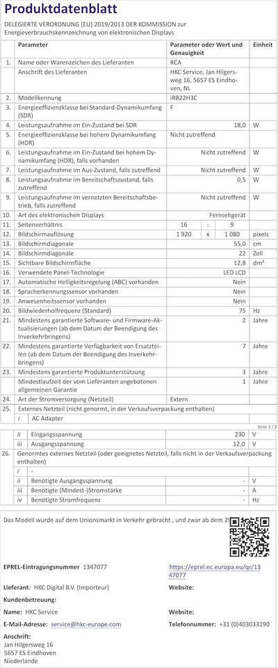 RCA iRB22H3C Fernseher 22 Zoll (TV 56 cm), Dolby Audio, Triple Tuner DVB-C/T2/S2, VGA, HDMI, USB, di