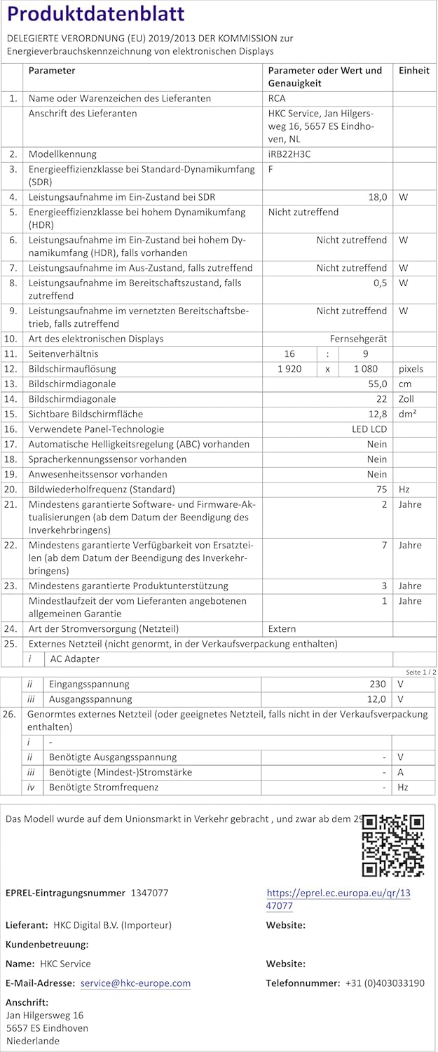 RCA iRB22H3C Fernseher 22 Zoll (TV 56 cm), Dolby Audio, Triple Tuner DVB-C/T2/S2, VGA, HDMI, USB, di