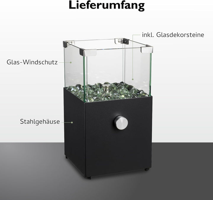 tepro Tischgasfeuerstelle Vulena, eckig, Edelstahl-Brenner 0,9 kW, integrierter Glas-Windschutz, mit