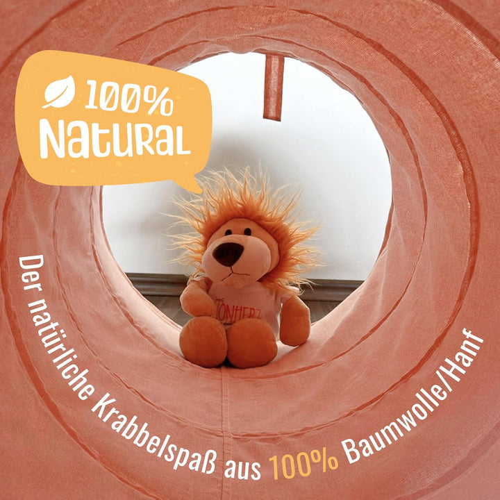 Spieltunnel für Kinder aus Baumwolle/Hanf mit Klettverschlüssen [180cm x 46cm] Krabbeltunnel für Bab