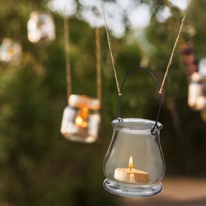 48 x Windlicht aus Glas, runde Glasvase mit Henkel, Tischdeko für Drinnen u. Draussen, Hängewindlich