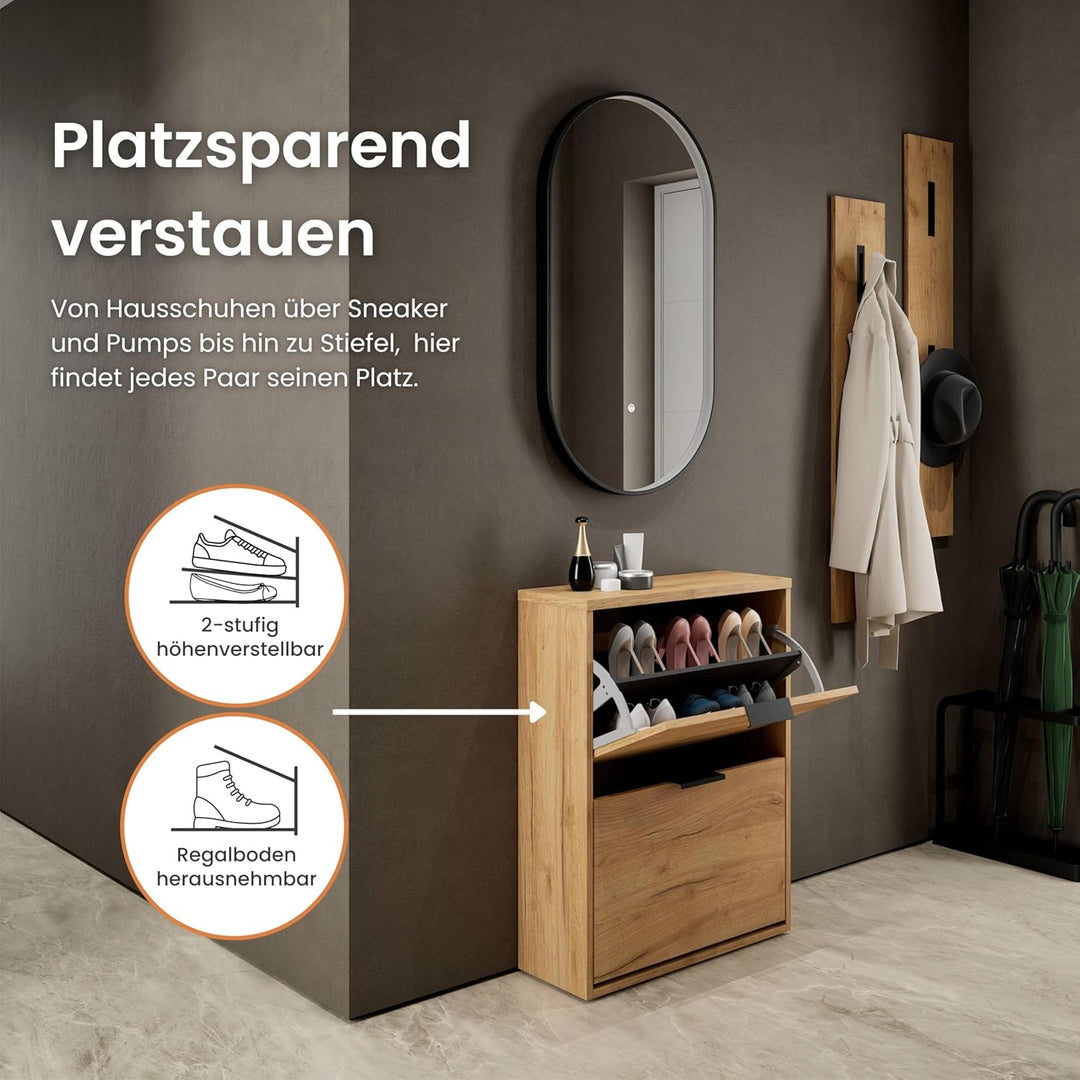 Planetmöbel Schuhschrank schmal inkl. ovaler Spiegel mit Beleuchtung (3 Lichtstufen), Schuhkommode m