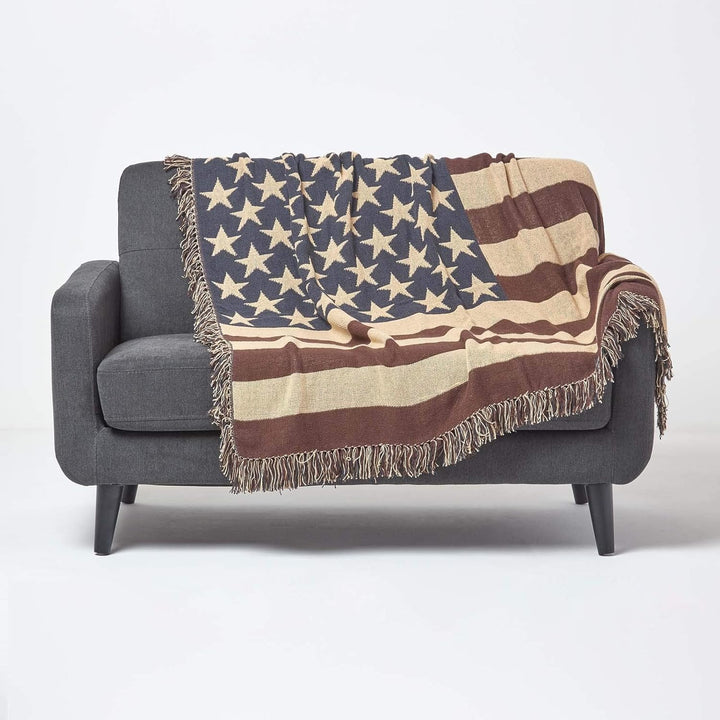 Homescapes handgewobener Überwurf Flagge Amerika 125 x 150 cm 100% reine Baumwolle – USA Stars & Str