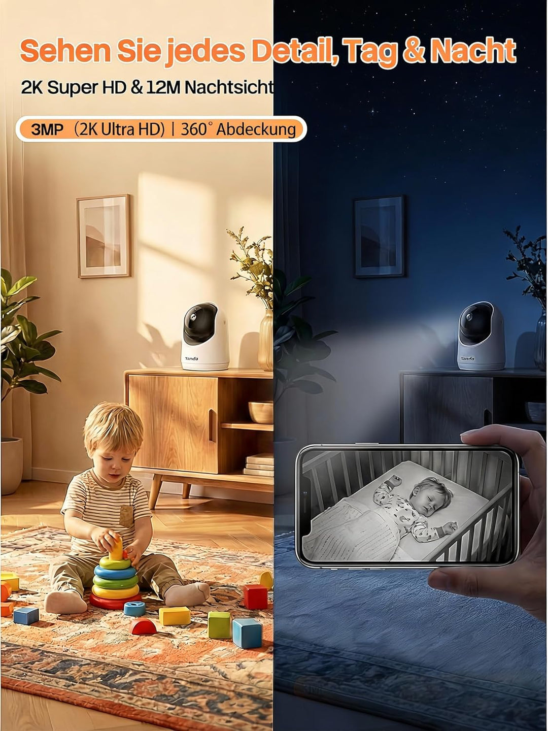 Tenda 3MP WLAN Innenkamera Überwachung, Haustierkamera mit 2-Wege-Audio, Nachtsicht 12M, Bewegungs-P