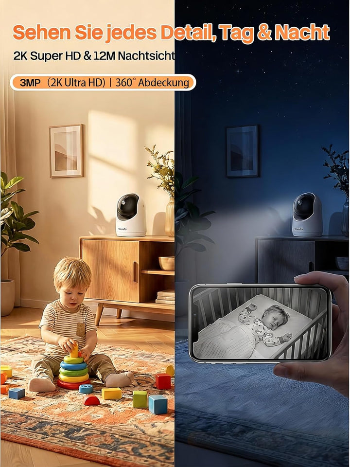 Tenda 3MP WLAN Innenkamera Überwachung, Haustierkamera mit 2-Wege-Audio, Nachtsicht 12M, Bewegungs-P