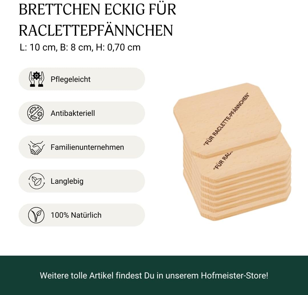 8X HOFMEISTER® Untersetzer für Raclette-Pfännchen aus Holz, 10 cm, schont Raclette-Pfannen &amp; Tische