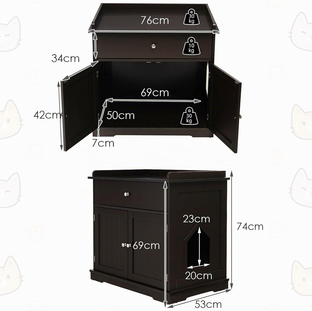 COSTWAY Katzenschrank mit Schublade &amp; Tür &amp; Eingang, 3-in-1 Katzenhaus Katzentoilette Beistelltisch,