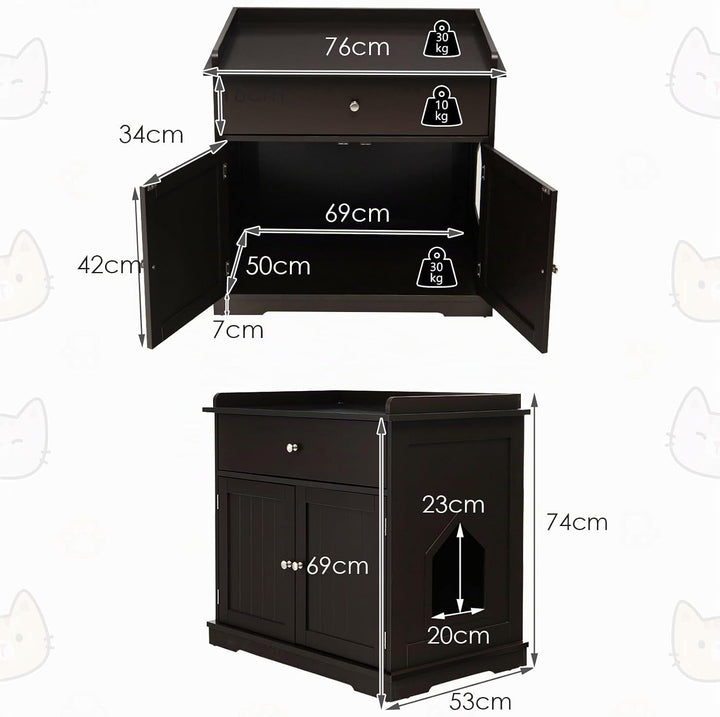 COSTWAY Katzenschrank mit Schublade &amp; Tür &amp; Eingang, 3-in-1 Katzenhaus Katzentoilette Beistelltisch,