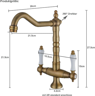 BOAOTX Wasserhahn Küche Antik, Küchenarmatur 360° Drehbar, Spültischarmatur Zweigriffmischer Nostalg