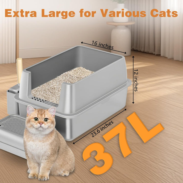Edelstahl Katzenklo XXL 37L – Geschlossene Katzentoilette für grosse Katzen, mit 120° Klappdeckel, T