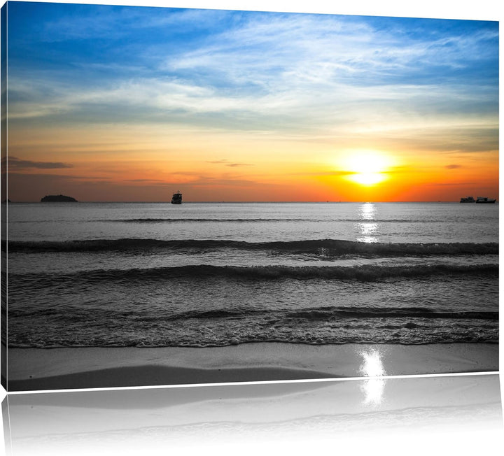 Malibu Beach Sunrise Water Sand schwarz/weiss Format: 100x70 auf Leinwand, XXL riesige Bilder fertig