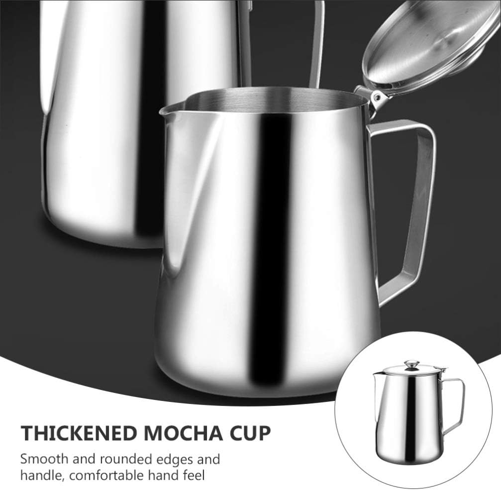 BESTonZON Milchkännchen Edelstahl Sahnekännchen mit Deckel 350 ML Aufschäumen Milch Kaffee Mokka Cap