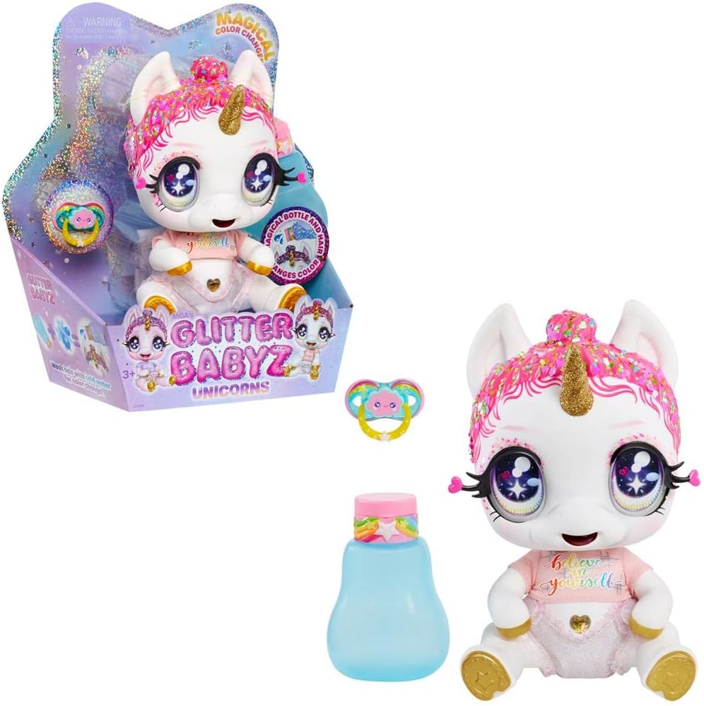 Glitter Babyz MGA Einhorn Baby-Puppe - LUNITA Sky - Mit magischen Farbwechseln, rosa Glitzerhaar, Be