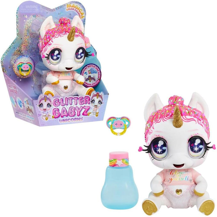 Glitter Babyz MGA Einhorn Baby-Puppe - LUNITA Sky - Mit magischen Farbwechseln, rosa Glitzerhaar, Be