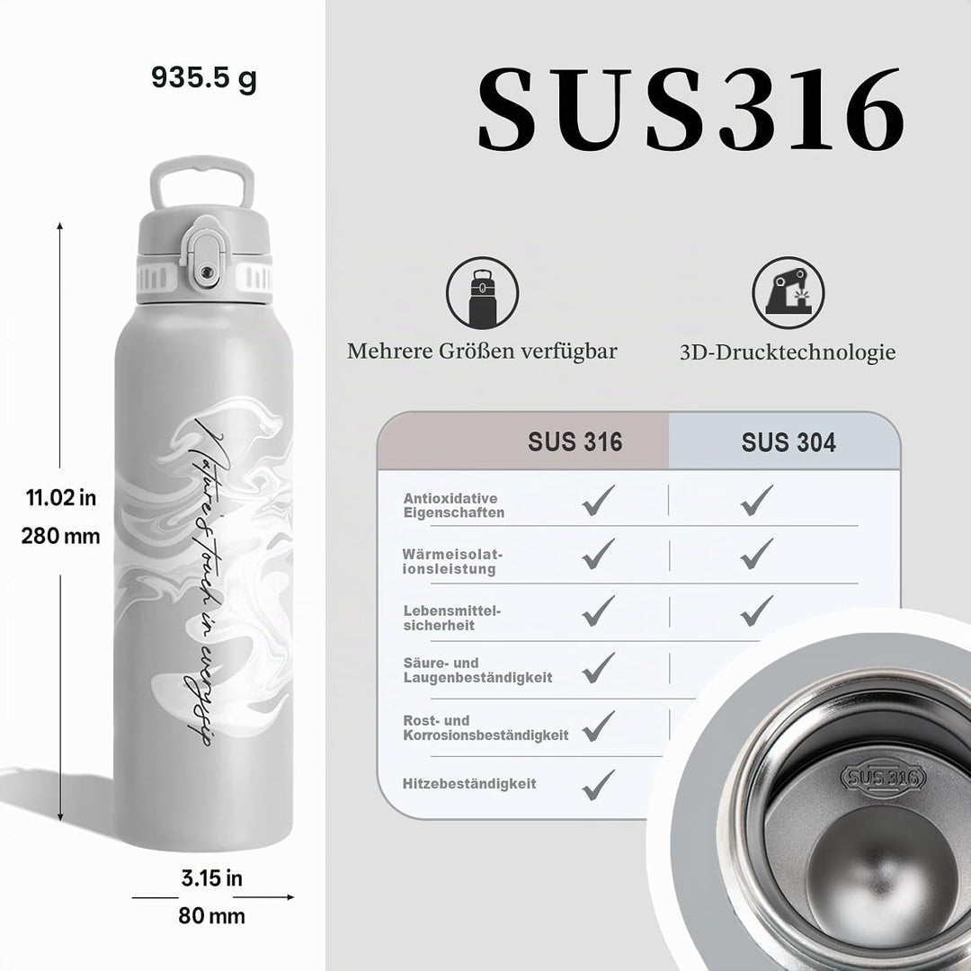 UZSPACE Edelstahl Trinkflasche 1l (970ml), Isolierte Thermosflasche mit 1-Klick-Öffnung, 100% Auslau