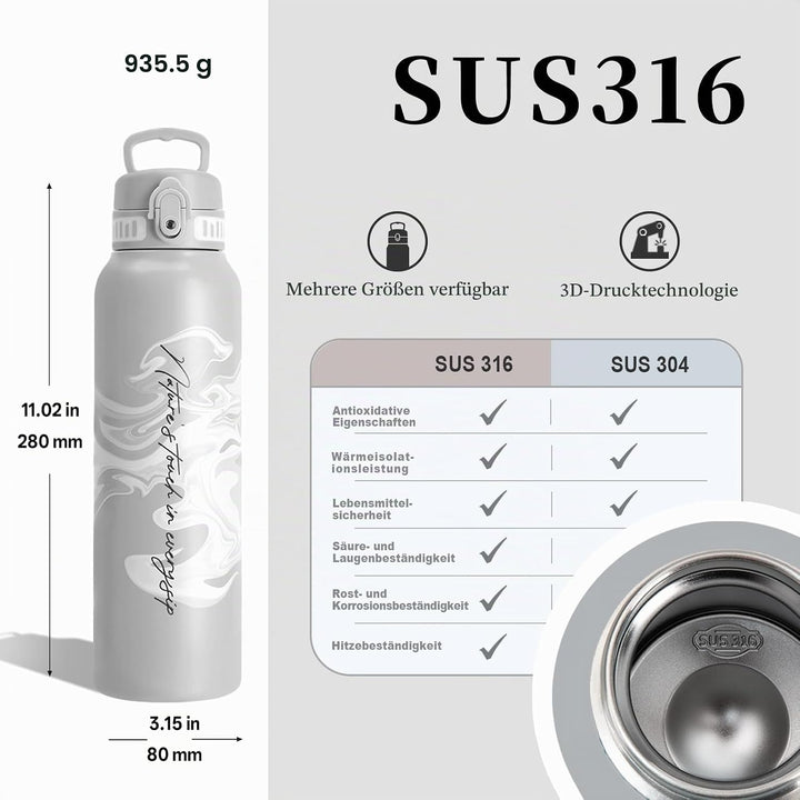 UZSPACE Edelstahl Trinkflasche 1l (970ml), Isolierte Thermosflasche mit 1-Klick-Öffnung, 100% Auslau