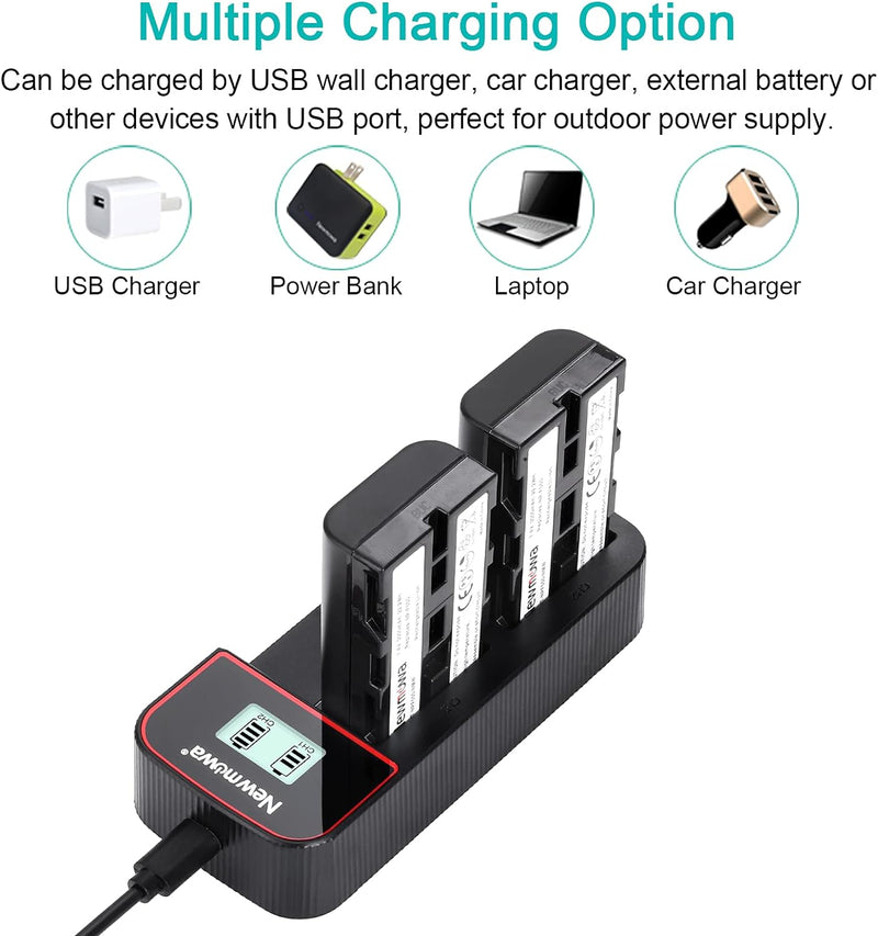 Newmowa NP-F550 Ersatzakku (2er-Pack) und Smart LCD Display Dual USB-Ladegerät für Sony NP-F550 und