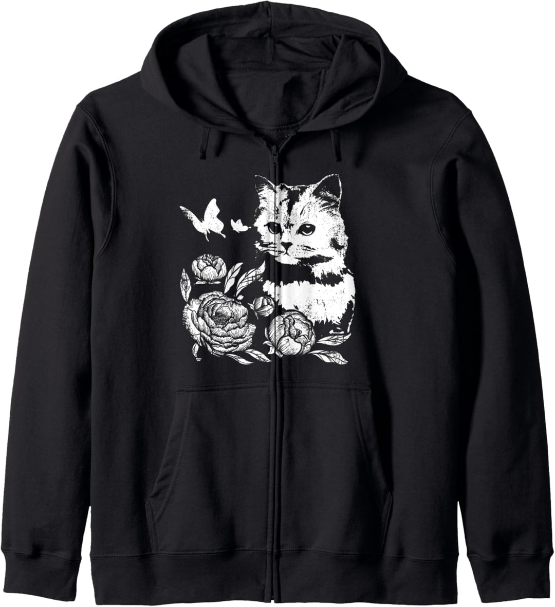 Katze mit Rosen und Schmetterlingen, blumig Kapuzenjacke