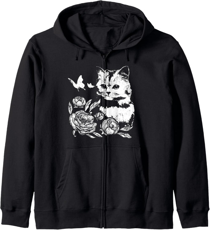 Katze mit Rosen und Schmetterlingen, blumig Kapuzenjacke