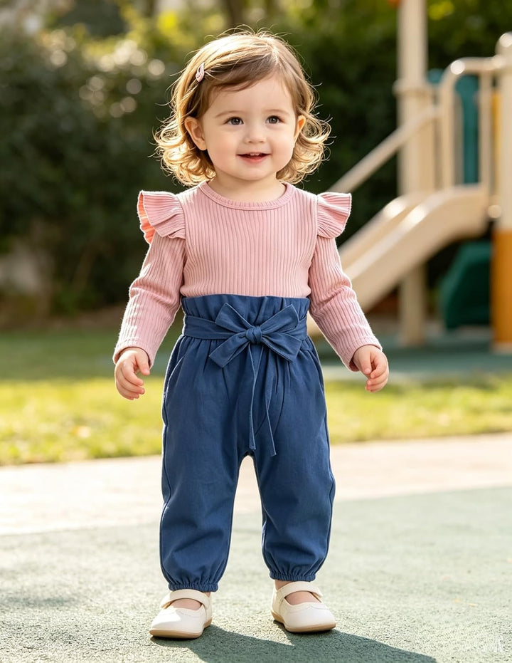 Neugeborenes Baby Mädchen Kleidung Rüschen Strampler + Schleife Denim Hosen Outfits Set 12-18 Monate