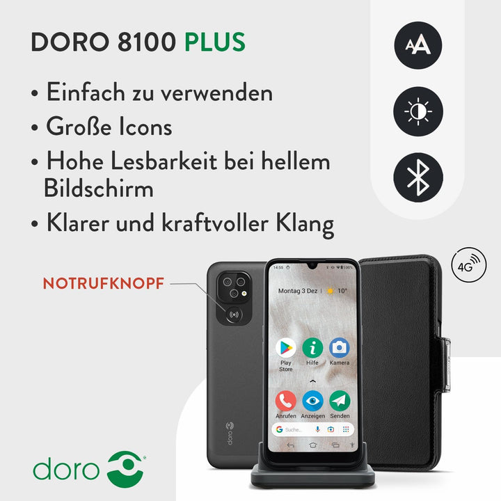 Doro - 8100 Plus - 4G-Smartphone für Senioren - Ohne Vertrag - 6.1'' Display - Notruftaste mit GPS -