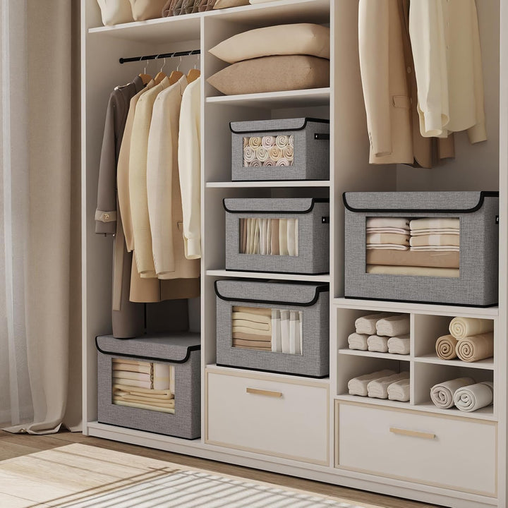 YheenLf Aufbewahrungsbox mit Deckel, Kleiderschrank Organizer, Stoff Grau Aufbewahrungsboxn mit Fens