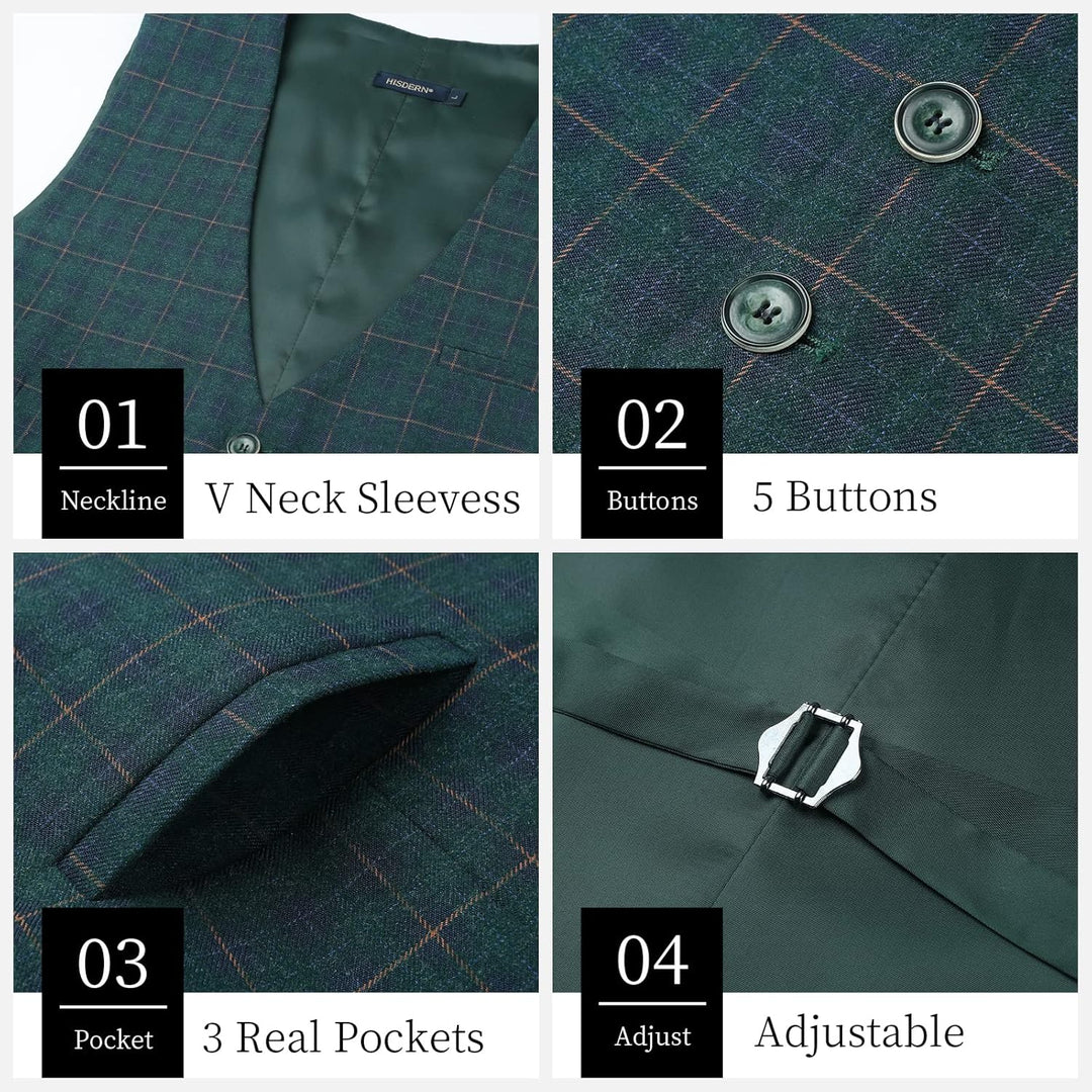 HISDERN Manner Formale Hochzeitsfeier Weste Baumwolle Plaid Kleid Anzug Weste für Herren Grün XS, Gr
