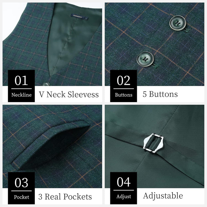 HISDERN Manner Formale Hochzeitsfeier Weste Baumwolle Plaid Kleid Anzug Weste für Herren Grün XS, Gr