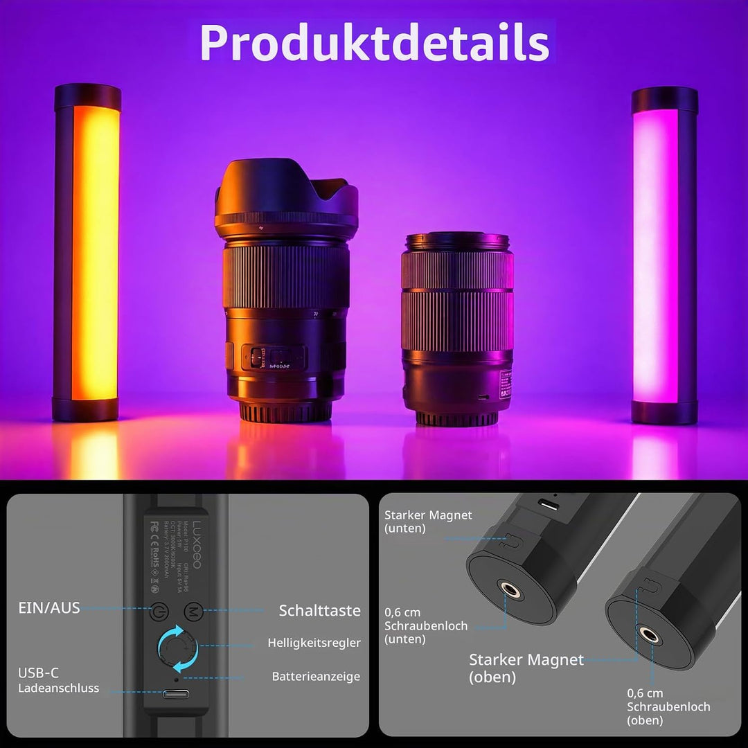 LUXCEO P100 Led Videoleuchte RGB,Mini LED Licht,Tragbares Lightbar für Fotografie, Tiktok YouTube Vi