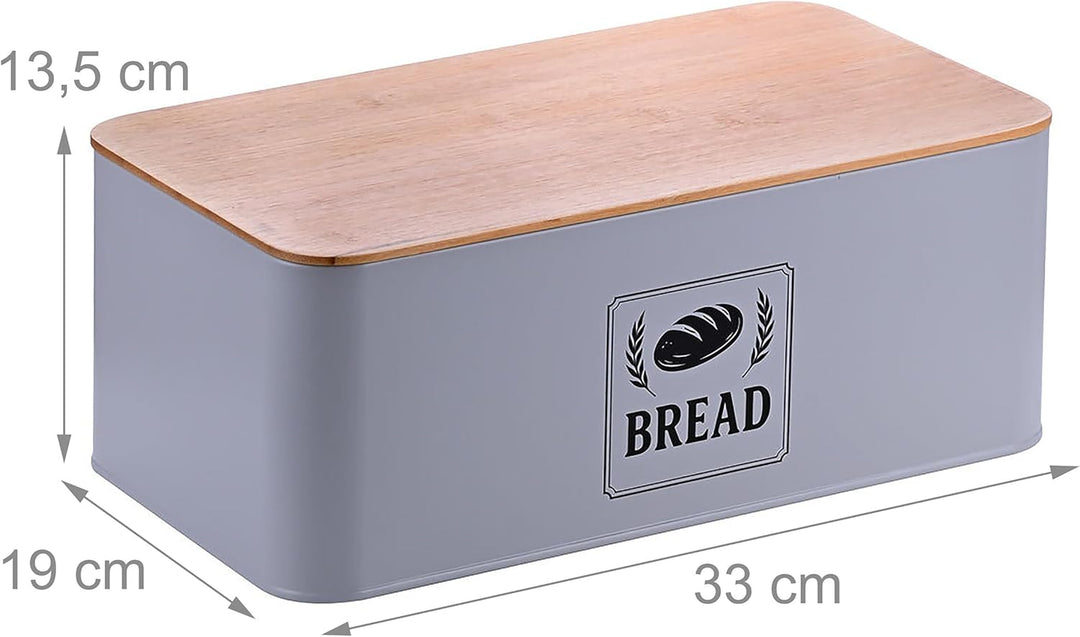 Relaxdays Brotkasten, Bambusdeckel, Metall, HxBxT: 13,5 x 33 x 19 cm, Retro Brotaufbewahrungsbox, Br