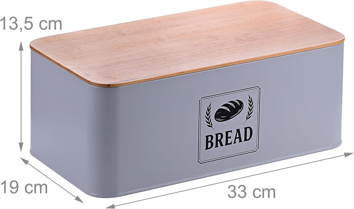 Relaxdays Brotkasten, Bambusdeckel, Metall, HxBxT: 13,5 x 33 x 19 cm, Retro Brotaufbewahrungsbox, Br