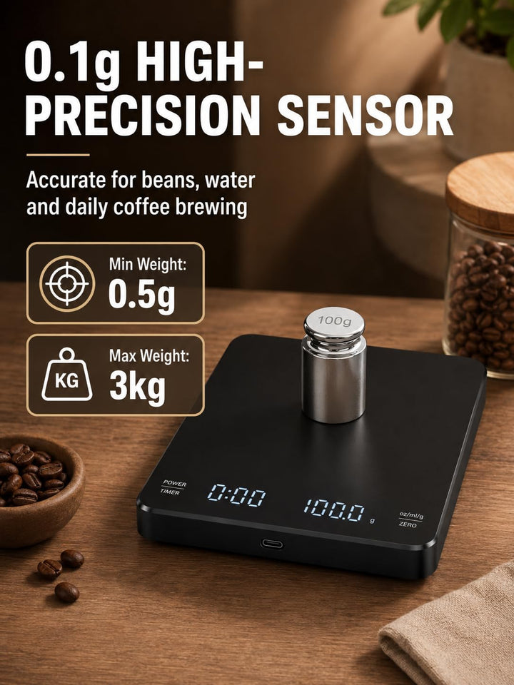 VOBOR Kaffeewaage mit Timer 3kg/0.1g, Automatischen und Manuellen Zeitmessungsmodus, Wiederaufladbar