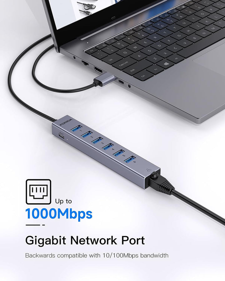 8Port USB Hub 3.0 mit 120cm Kabel, USB zu Netzwerk-Hub mit 6 3.0 Ports und 1000Mbps LAN Adapter, 5V/