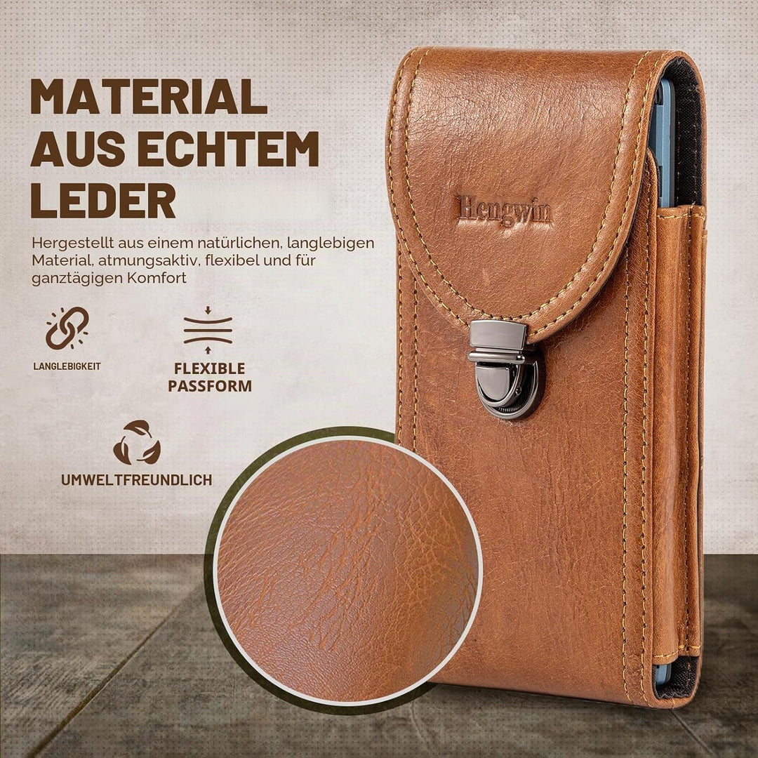 hengwin Horizontal Echtes Leder Handy Holster für iPhone 15 14 Pro Max, 14 Plus, Gürtelclip Gürtelta