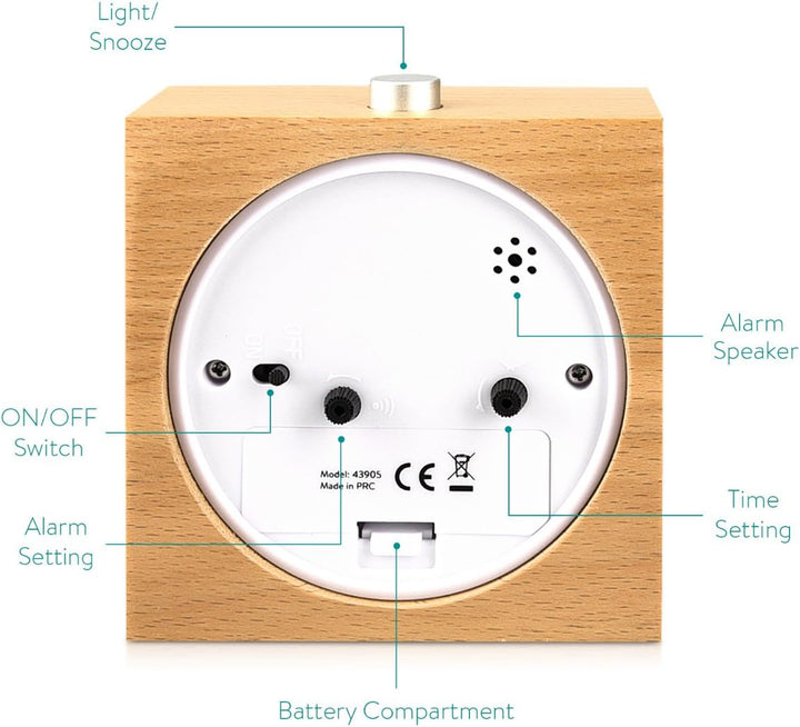 Navaris Analog Holz Wecker mit Snooze - Retro Uhr im Viereck Design mit Ziffernblatt Alarm - Leise T