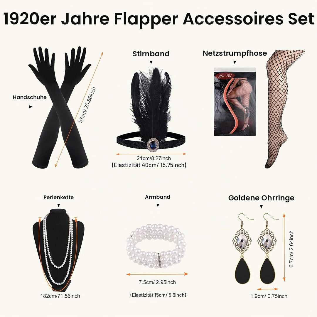 FEPITO 1920er Jahre V-Ausschnitt Pailletten Perlen Fransen Kleid mit 20er Jahren Zubehör Set Black A