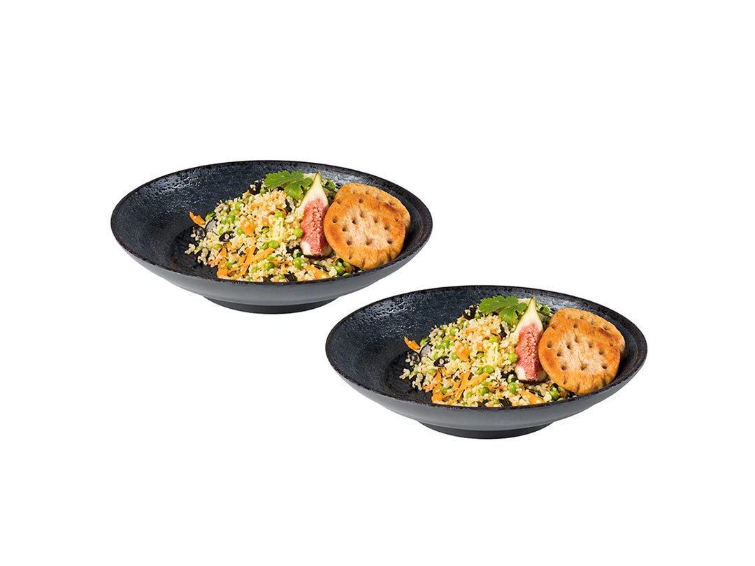 Melamin Geschirr 2-er Set Suppenteller, Campinggeschirr schwarz mit Dekor 2x Suppenteller, 2x Suppen