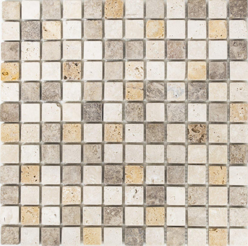 Mosaik Quadrat Travertin Mix Tumbled Travertin Naturstein Küche, Mosaikstein Format: 23x23x10 mm, Bo
