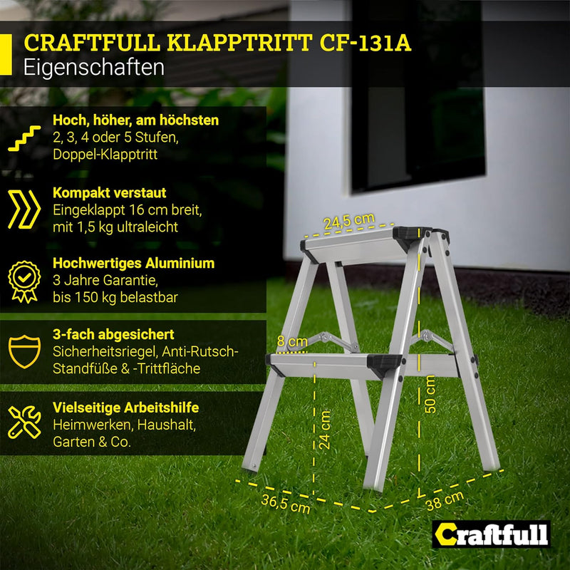 𝐂𝐑𝐀𝐅𝐓𝐅𝐔𝐋𝐋 Alu Stehleiter CF-131A | 𝟑 𝐉𝐀𝐇𝐑𝐄 𝐆𝐀𝐑𝐀𝐍𝐓𝐈𝐄 - 2-5 Stufen - Klappbar - Bis 150kg - Haushaltsl