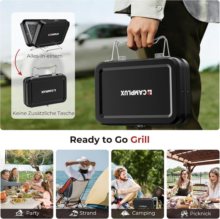CAMPLUX Tragbarer 2-in-1 Koffergrill, Gas- und Holzkohle-Campingkocher mit 32 x 23,5 cm Rost, klappb