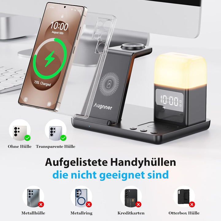 6 in1 Upgradierter Induktive Ladestation für Samsung mit Wecker & 3-Farben-Licht | Wireless Charger