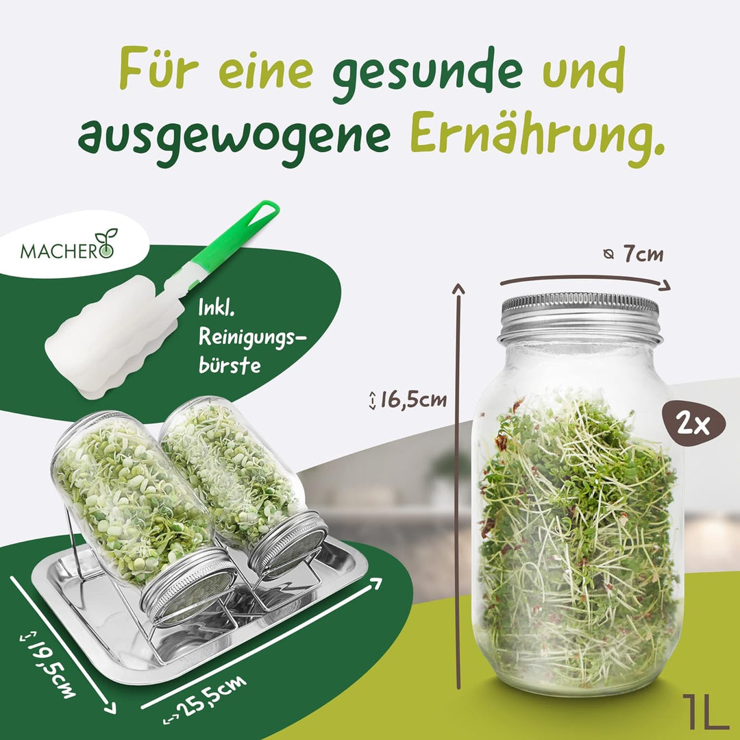 MACHERÓ Sprossenglas mit Deckel 750 ml, Keimglas 2er-Set Pflanzen im Glas, inkl. Abtropfschale, Edel