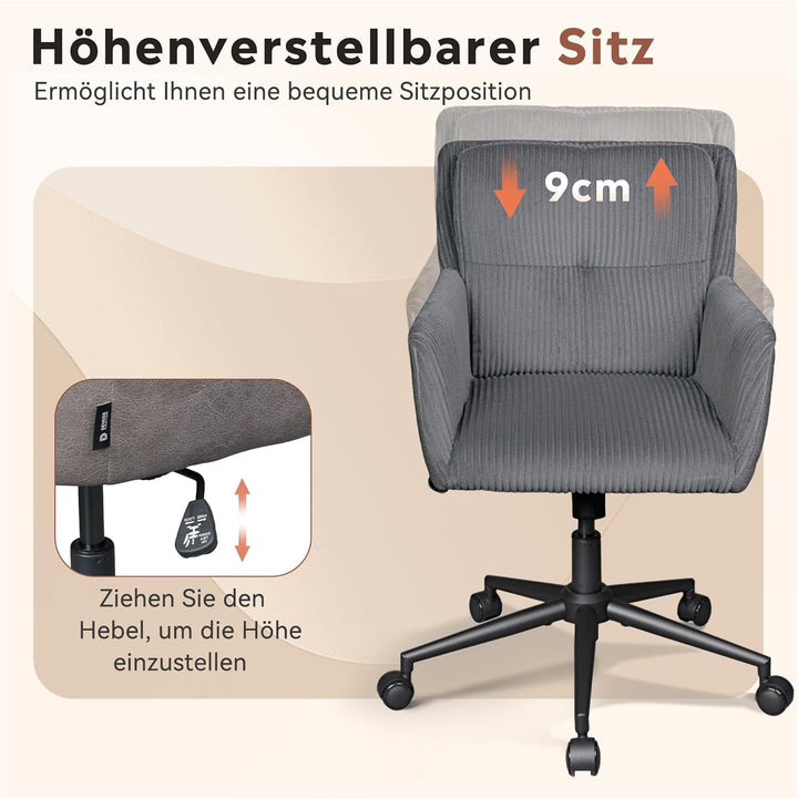 DEVAISE Homeoffice Stuhl Cord Stoff Dunkelgrau, Ergonomischer Schminktischstuhl mit Kissen, höhenver