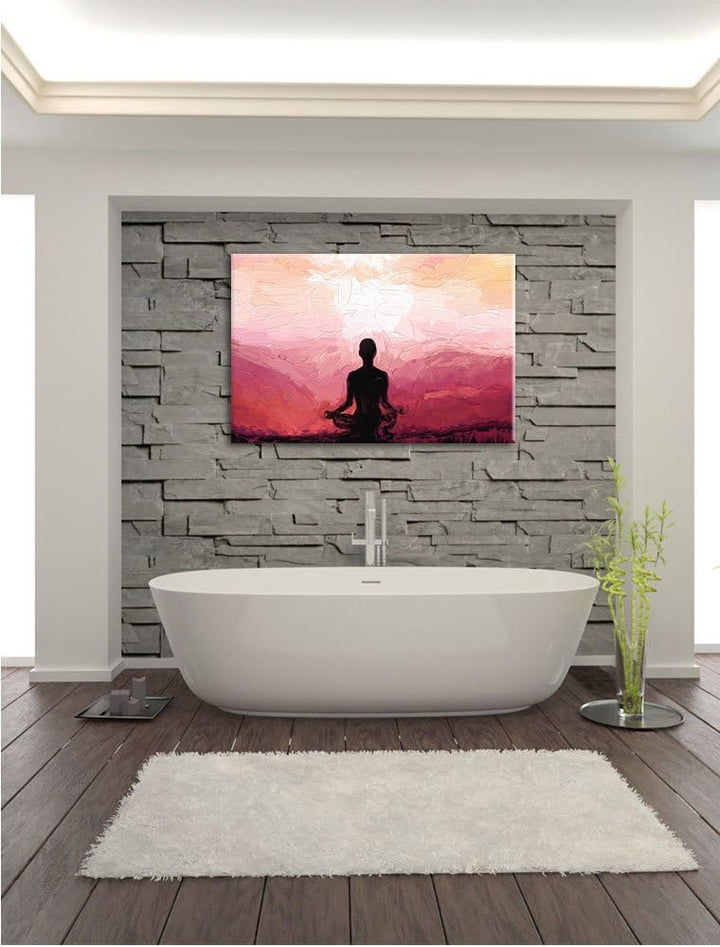 Pixxprint Meditierender Mensch in den Bergen Kunst Pinsel Effekt, Format: 100x70 auf Leinwand, XXL r