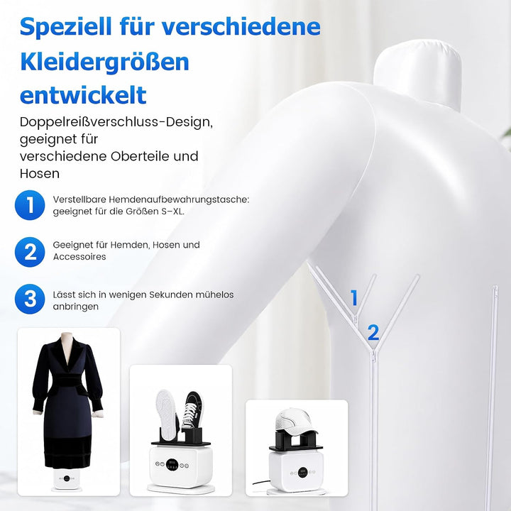 Automatischer Hemdenbügler, Bügelpuppe mit Heissluft &amp; 360°-Trocknung, Zeitfunktion, Tragbarer Bügel