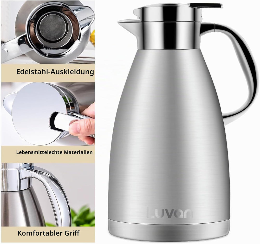 Luvan 1,8L Thermoskanne 304 Edelstahl Kaffee Isolierkanne 12h heiss und 24h kalt Doppelwandige Vakuu